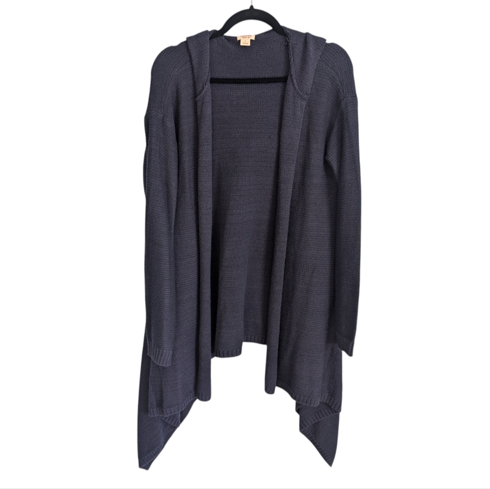Hooded open front asymmetrical cardigan sweater dark blue large